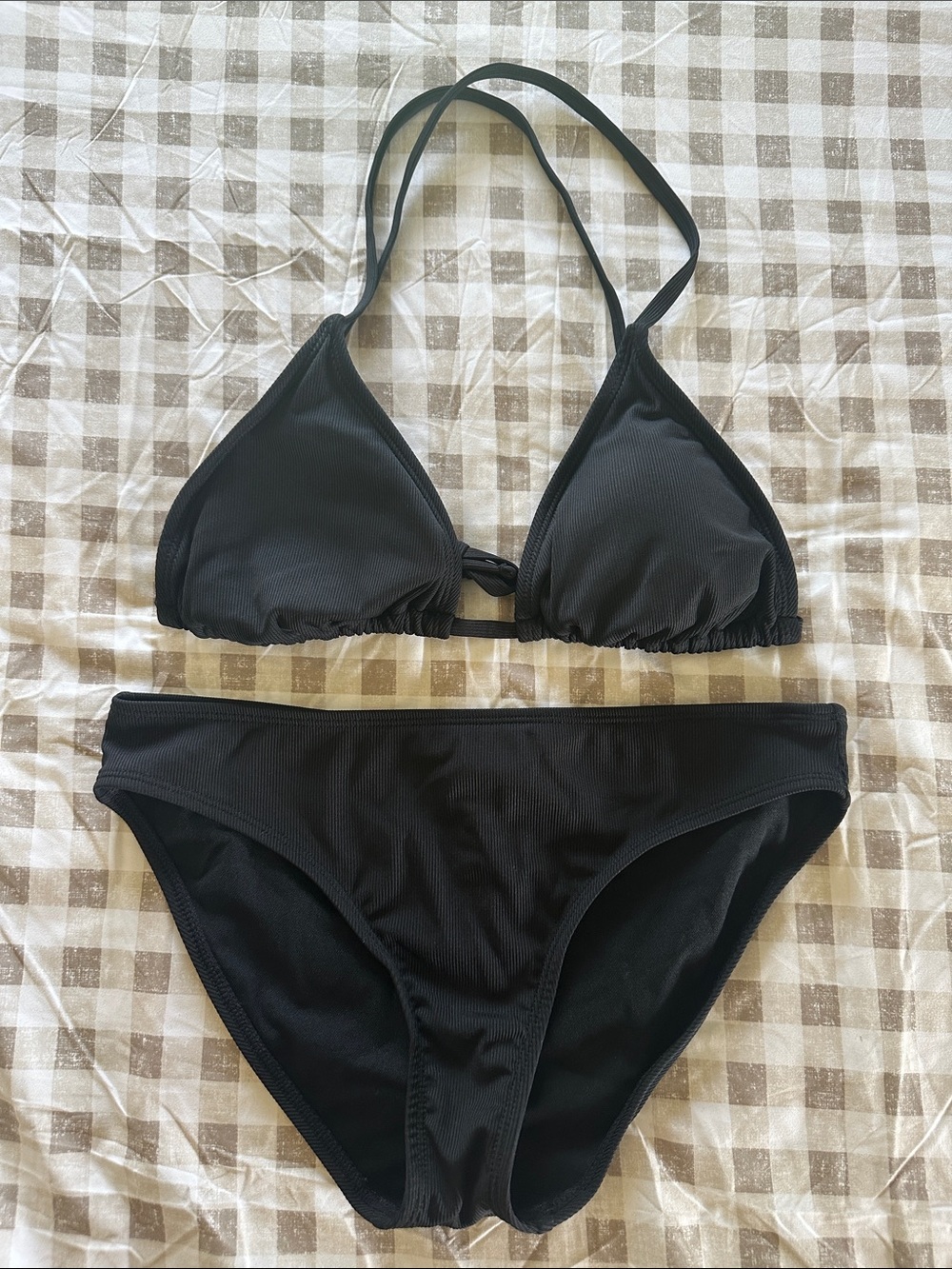 Shade & Shore Black Ribbed Triangle Bikini Set
